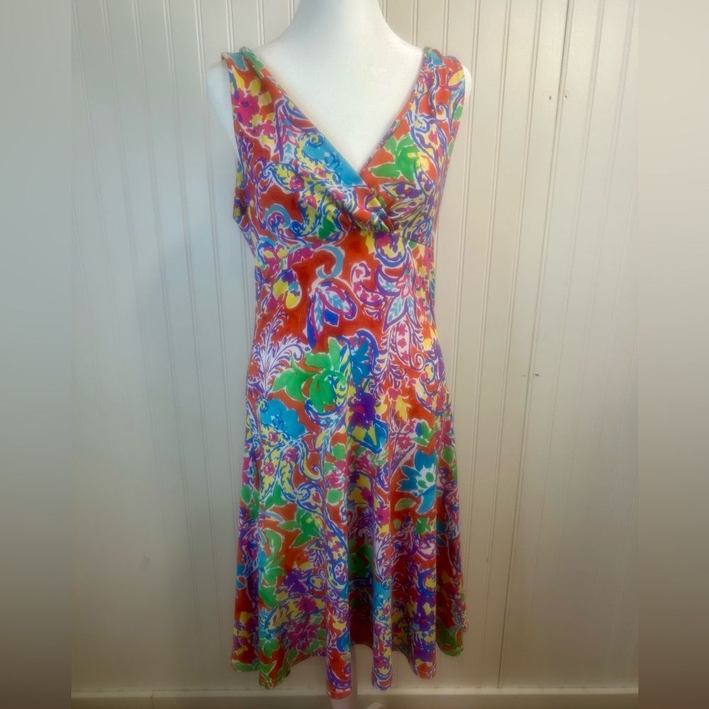 Lauren Ralph Lauren women Bright Multicolor Floral V-Neck Midi Dress Size M - Picture 2 of 9